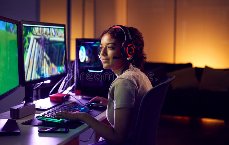 Gamer Playing Online Game on PC in Dark Room Stock Photo - Image of online,  colorful: 213130418