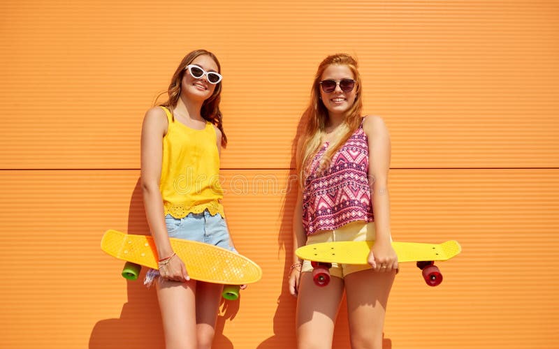 Teenage Girls with Short Skateboards Outdoors Stock Photo - Image of ...