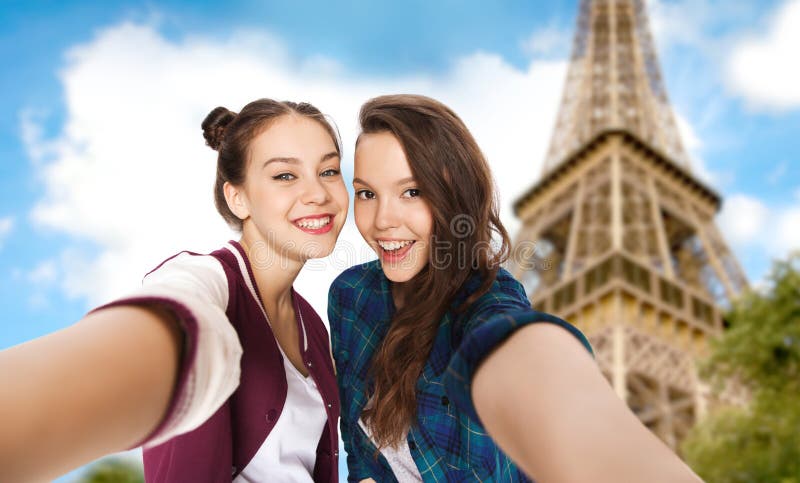 Teenage Girls Taking Selfie Over Eiffel Tower Stock Photo - Image of ...