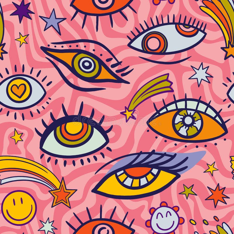 Teenage Seamless 70s Retro Eyes Pattern Hippie Stock Vector ...