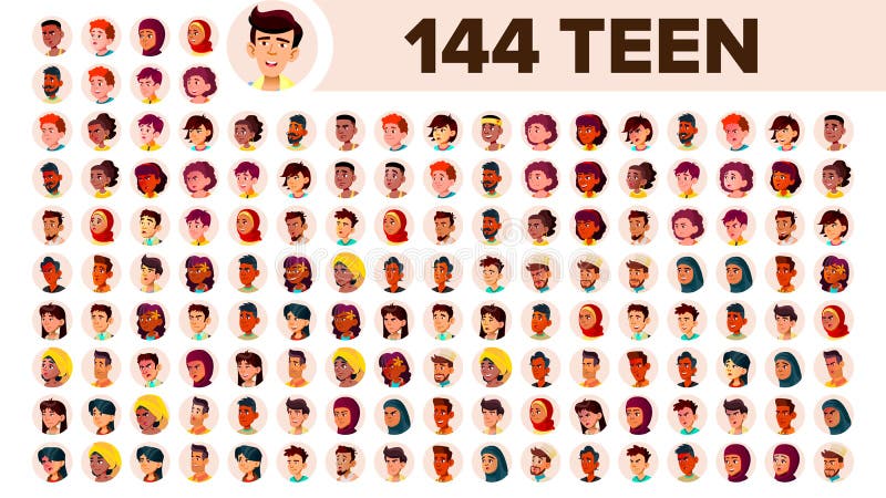 Teenager Avatar Set Vector. Girl, Guy. Multi Racial. Face Emotions. Multinational User People Portrait. Male, Female royalty free illustration Teenager Avatar Set Vector. Girl, Guy. Multi Racial. Face Emotions. Multinational User People Portrait. Male, Female royalty free illustration