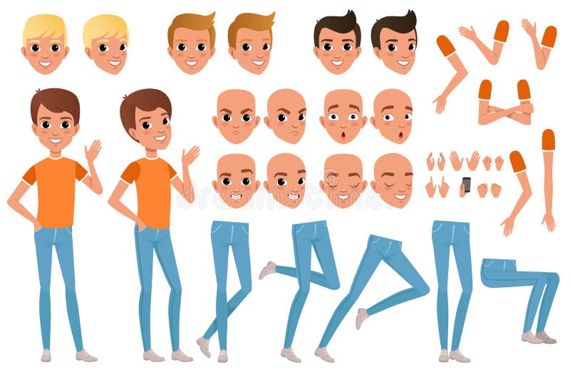 Teenager boy character constructor. Set of various male emotion faces, hairstyles, hands, gestures and legs. Flat design
