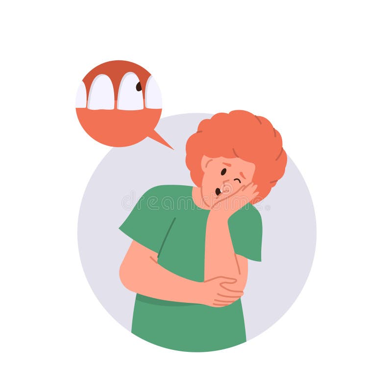 Băiat adolescent, plângând și țipând de durere de dinți suferind de cavități netratate stock illustration