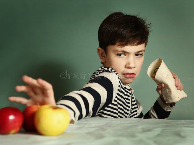 Teenager Boy Eat Fastfood Roll Refuse Fruit Stock Photo - Image of bite