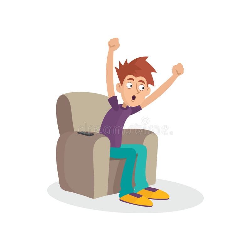 Teenager boy sitting on armchair watching television. TV addiction. Mass media dependency. Cartoon male character with