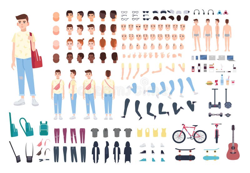 Teenager character constructor. Boy creation set. Different postures, hairstyle, face, legs, hands, clothes, accessories