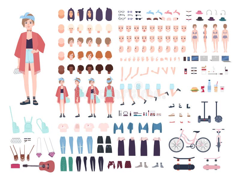 Teenager character constructor. Young trendy girl creation set. Different postures, hairstyle, face, legs, hands stock illustration Teenager character constructor. Young trendy girl creation set. Different postures, hairstyle, face, legs, hands stock illustration