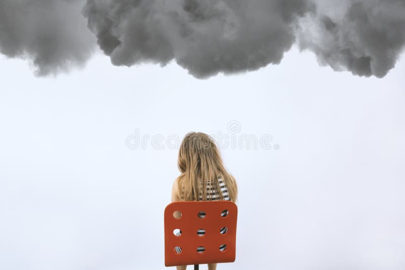 Girl sitting on red chair under dark clouds. Mental health concept. Teenager in depression. Kid at reception of psychologist. Sadness and bad mood. Background with copyspace. Stock photo.