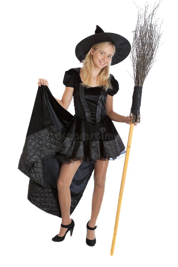 Young Woman Witch Fly on Broom. Stock Photo - Image of magic ...