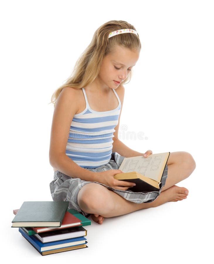 Teenager girl sit on floor and reading book