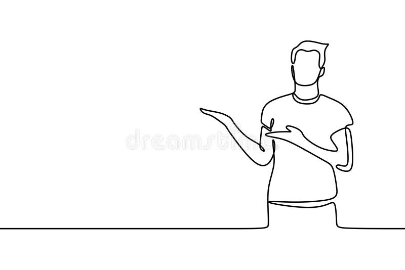 Teenager man holding copyspace imaginary on the palm to insert an ad over isolated white background. Continuous line drawing