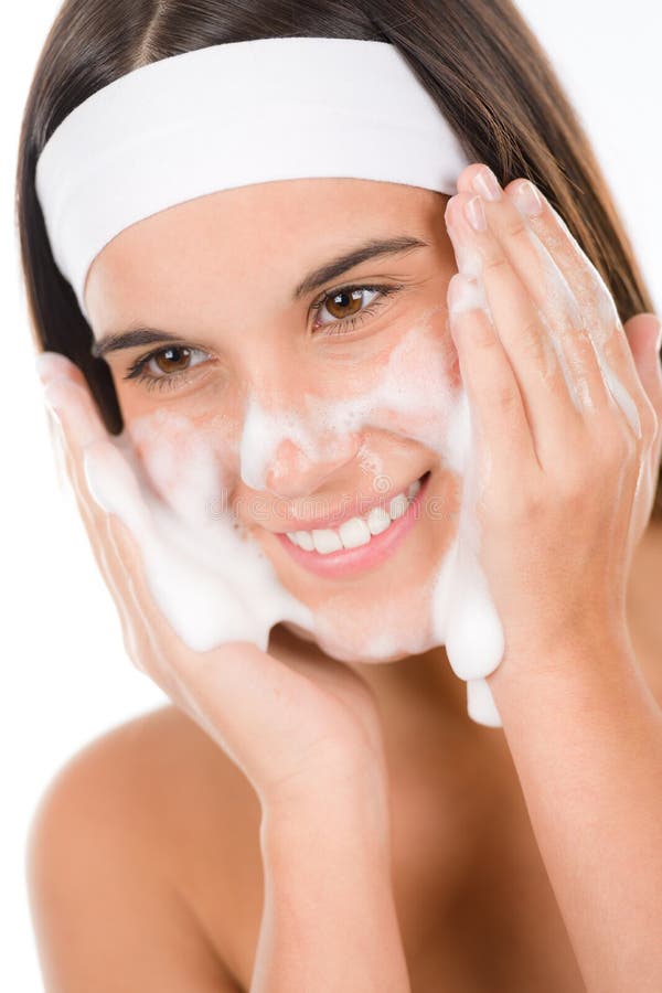 Teenager problem skin care - woman wash face