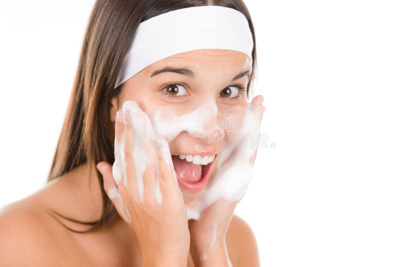 Teenager problem skin care - woman wash face