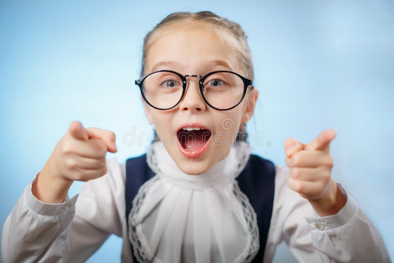 Teenager Schoolgirl In Glasses Shout Point Fingers