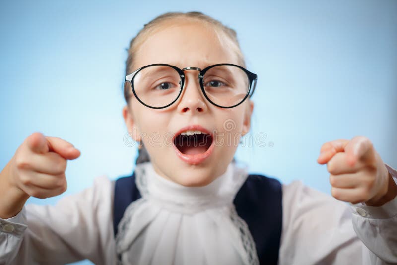 Teenager Schoolgirl In Glasses Shout Point Fingers