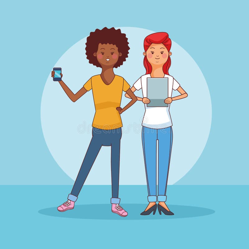 Teenagers couple using smartphone cartoons stock illustration