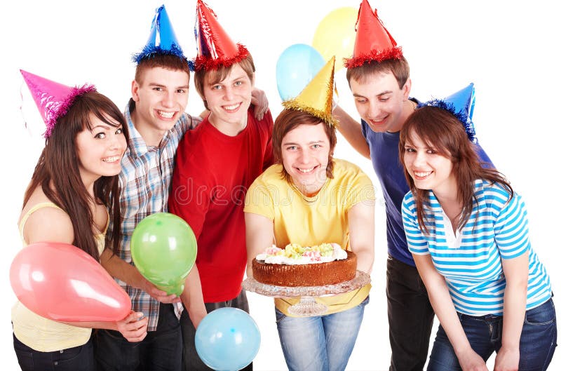 Teenagers group in party hat.