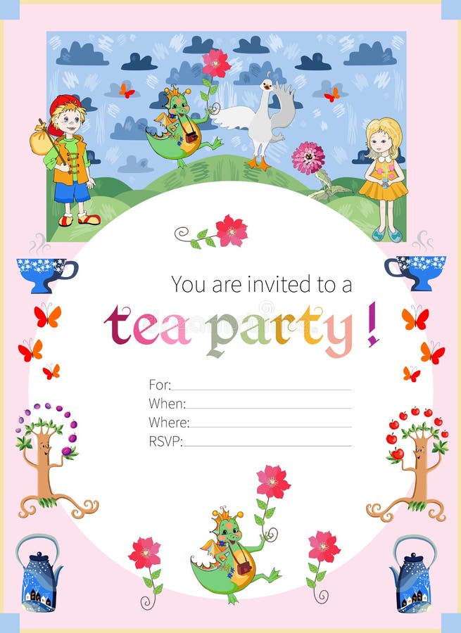 Teepartyeinladung für Kinder Nette Illustration des feenhaften Landes stock abbildung Teepartyeinladung für Kinder Nette Illustration des feenhaften Landes stock abbildung
