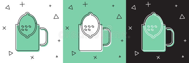 Teetasse mit Zitronensymbol auf weißem und grünem schwarzem Hintergrund isoliert. Vektor stock abbildung