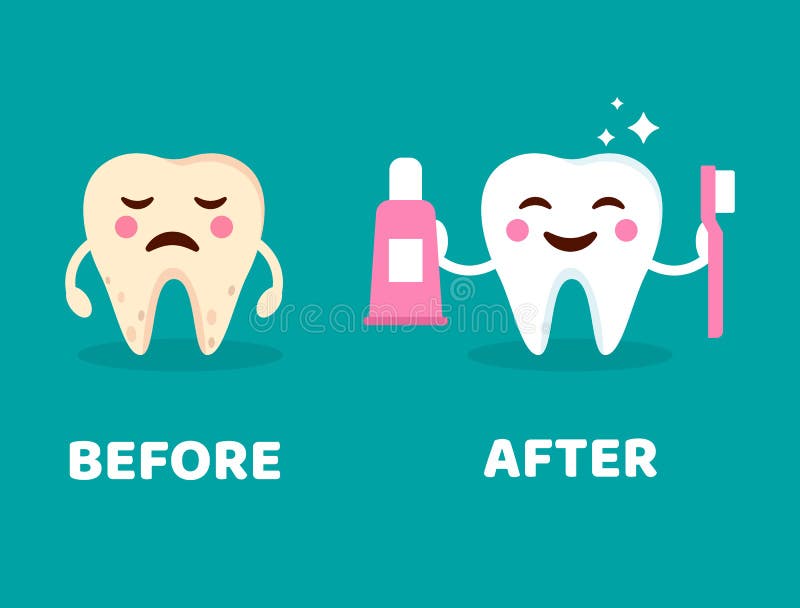 Teeth care concept. Before and after brushing teeth characters. Healthy smiling teeth with toothbrush and toothpaste. Crying yello vector illustration Teeth care concept. Before and after brushing teeth characters. Healthy smiling teeth with toothbrush and toothpaste. Crying yello vector illustration