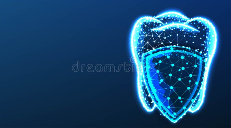 Teeth,tooth and shield. Dental Protection. Dental care. Abstract Low Poly wireframe mesh design. From connecting dot and line. royalty free illustration