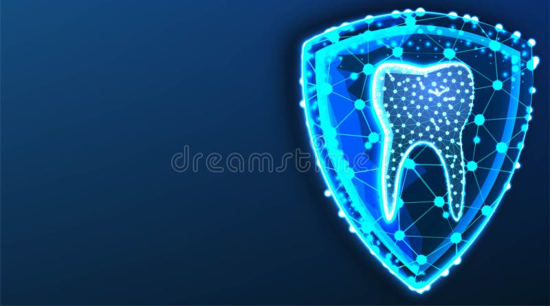 Teeth,tooth and shield. Dental Protection. Dental care. Abstract Low Poly wireframe mesh design. From connecting dot and line. stock illustration