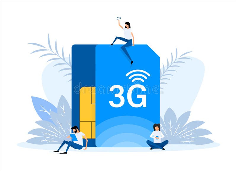 Tehnologie de rețea 3g. servicii de telecomunicații prin sisteme internet. oamenii stau aproape de cartele sim stock illustration