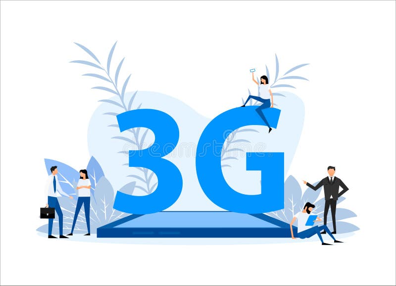Tehnologie de rețea 3g. servicii de telecomunicații prin sisteme internet. oamenii stau lângă smartphone stock illustration