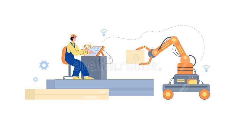 Tehnologie inteligentă de automatizare în fabrică în fluxul de lucru din industrie, în mod plat stock illustration