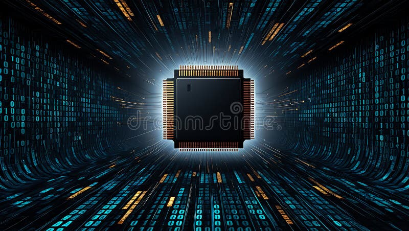Tehnologie Microchip Futuristic într-un tunel de date digitale HighTech Concept Background stock images