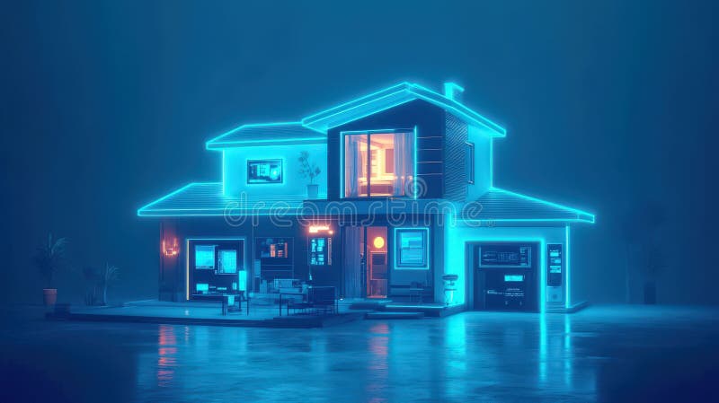 Tehnologie modernă de prezentare a caselor, iluminată, cu estetică neon futuristă royalty free illustration