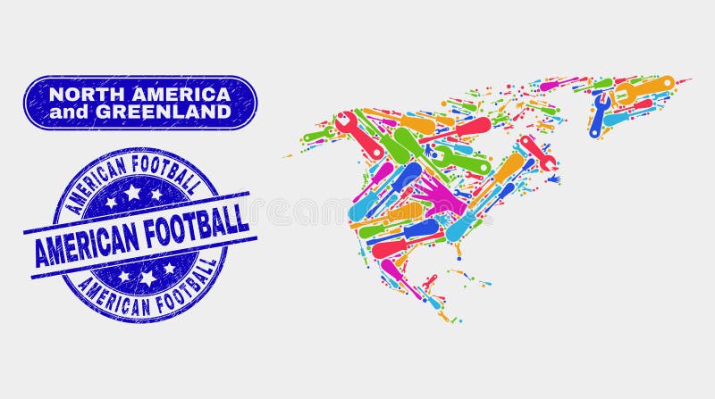 Teil-Nordamerika- und Grönland-Karte und verkratzte amerikanischer Fußball-Stempel lizenzfreie abbildung Teil-Nordamerika- und Grönland-Karte und verkratzte amerikanischer Fußball-Stempel lizenzfreie abbildung
