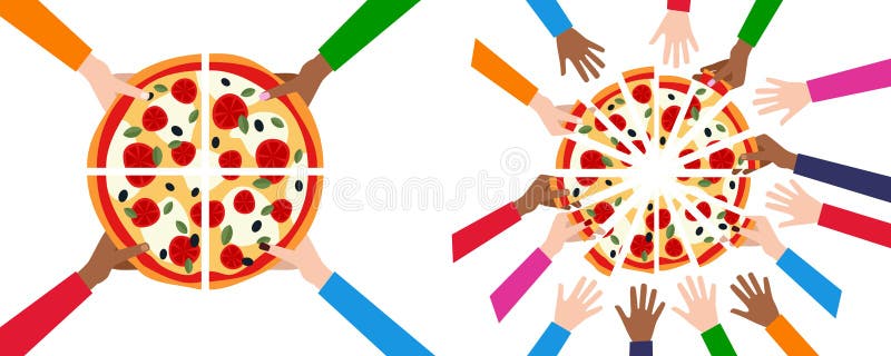 Teilen der Pizza in 4 oder 16 Scheiben u. in Freunden