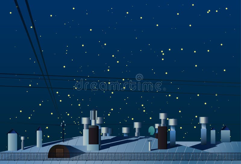 Tejados de casas con las chimeneas bajo vector del cielo nocturno stock de ilustración Tejados de casas con las chimeneas bajo vector del cielo nocturno stock de ilustración