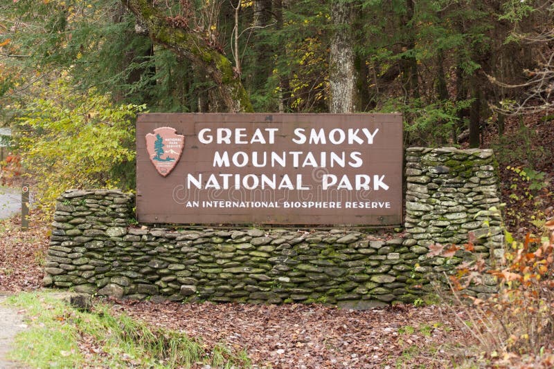 Great Smoky Mountains National Park Entrance sign at south entrance. Great Smoky Mountains National Park Entrance sign at south entrance