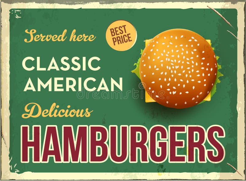 Teken van het Grunge retro metaal met hamburger Klassiek Amerikaans snel voedsel Uitstekende affiche met cheesburger Frans dorp stock illustratie Teken van het Grunge retro metaal met hamburger Klassiek Amerikaans snel voedsel Uitstekende affiche met cheesburger Frans dorp stock illustratie