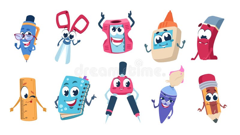 School cartoon characters. Pencil book and educational stationery mascots with happy faces. Vector flat funny school supplies set on white background. School cartoon characters. Pencil book and educational stationery mascots with happy faces. Vector flat funny school supplies set on white background