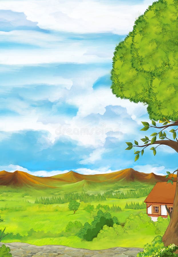 tekenfilmscène met weide bergen en bomen - stadium voor verschillend gebruik - illustratie voor kinderen stock illustratie tekenfilmscène met weide bergen en bomen - stadium voor verschillend gebruik - illustratie voor kinderen stock illustratie