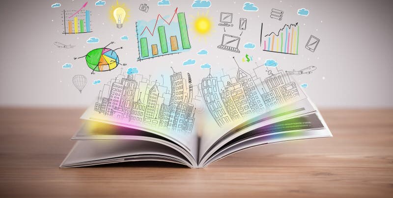 Tekening van een bedrijfsregeling op een geopend boek stock afbeelding Tekening van een bedrijfsregeling op een geopend boek stock afbeelding