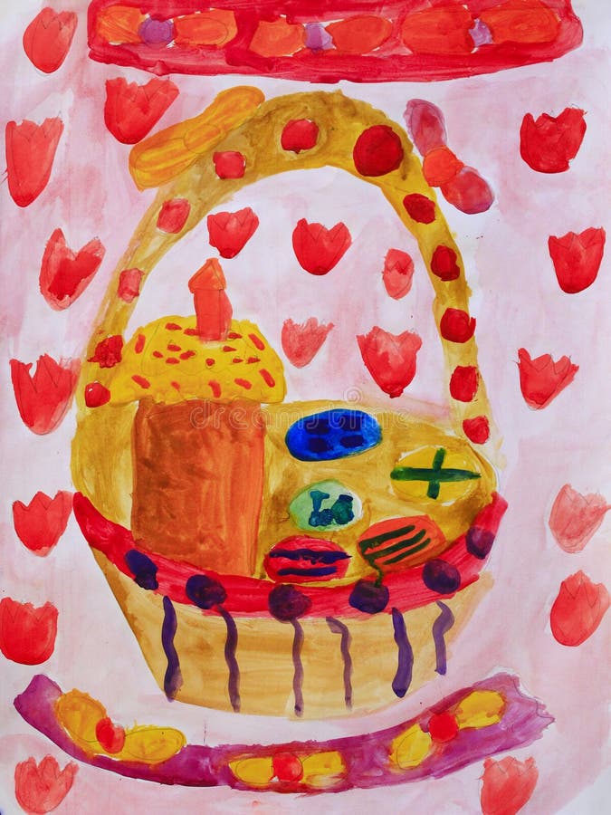 Tekening van Pasen-stillevenmand met brood en eieren stock illustratie Tekening van Pasen-stillevenmand met brood en eieren stock illustratie