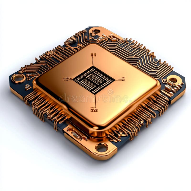 Teknik för gulddatormikrochip enligt 3d ger högupplöst moderna digitala kretskort stock illustrationer