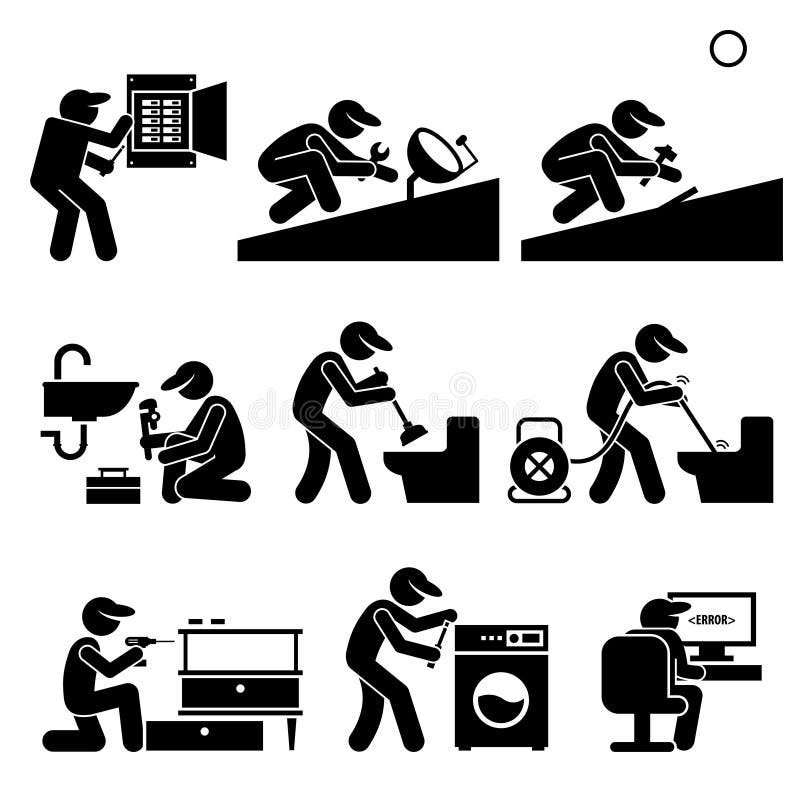 Teknikerfaktotumet Electrician Plumber Roofer servar Clipart royaltyfri illustrationer Teknikerfaktotumet Electrician Plumber Roofer servar Clipart royaltyfri illustrationer