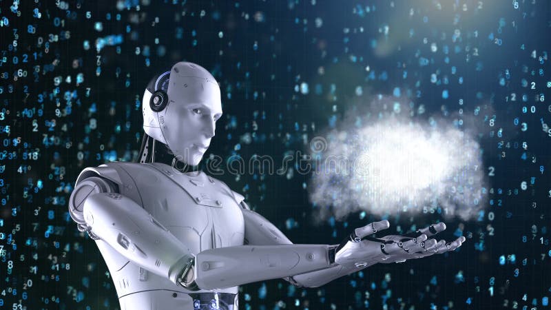 Teknikkoncept för molndatateknik med robot med grafisk bildskärm stock illustrationer