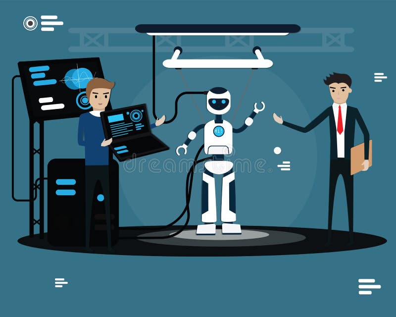 Teknikrobotkoncept,Programmer laddar data till robot, Process för att bygga det robottenplatta designkonceptet,Vector vektor illustrationer