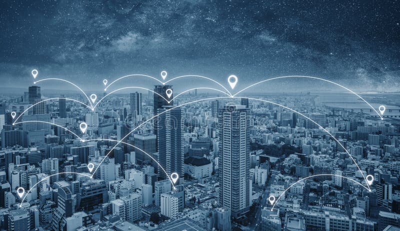 Teknologi för nätverksanslutning i staden, blå cityspace med nätverkssammanlänkningar och lägetecken royaltyfri fotografi Teknologi för nätverksanslutning i staden, blå cityspace med nätverkssammanlänkningar och lägetecken royaltyfri fotografi