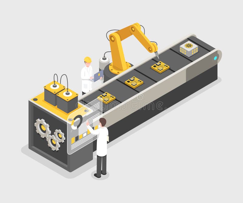 Teknologigrejmonteringsband, tillverkningsprocess Teknikerer som arbetar på industrianläggningen, forskningslaboratorium 3d stock illustrationer Teknologigrejmonteringsband, tillverkningsprocess Teknikerer som arbetar på industrianläggningen, forskningslaboratorium 3d stock illustrationer