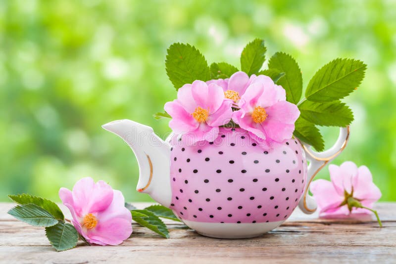 Tekokkärl med buketten av rosa lösa rosor royaltyfri foto Tekokkärl med buketten av rosa lösa rosor royaltyfri foto