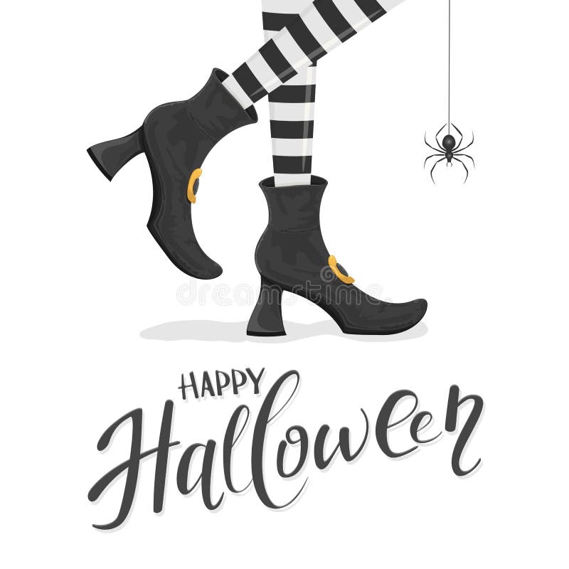 Tekst Gelukkig Halloween met heksenbenen in schoenen en spin