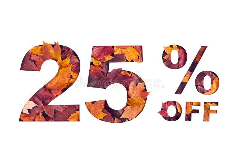 Paper cut 25 percent off text filled with texture of yellow and red autumn fall maple leaves isolated on white background. Autumn flyer, banner or poster design template. Fall shopping concept. Paper cut 25 percent off text filled with texture of yellow and red autumn fall maple leaves isolated on white background. Autumn flyer, banner or poster design template. Fall shopping concept.
