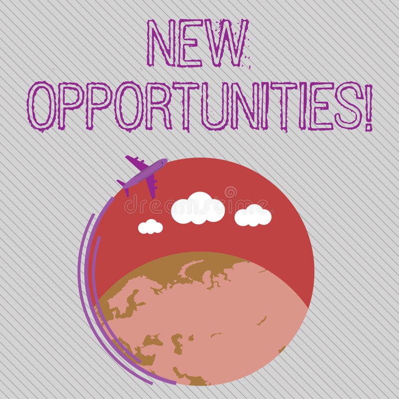 Text sign showing New Opportunities. Business photo showcasing exchange views condition favorable for attainment goal Airplane with Moving Icon Flying Around Colorful Globe and Blank Text Space. Text sign showing New Opportunities. Business photo showcasing exchange views condition favorable for attainment goal Airplane with Moving Icon Flying Around Colorful Globe and Blank Text Space